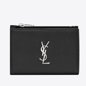 Saint Laurent YSL Monogram Small Zip Wallet Black Leather with Silver Hardware